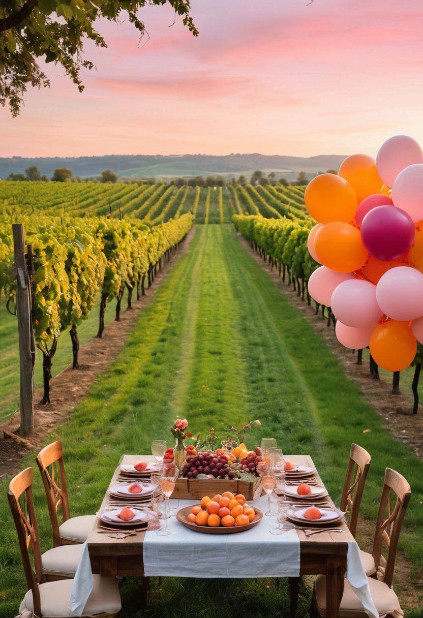 A picturesque vineyard during sunset, with rows of lush grapevines transitioning from deep red to soft pink grapes. A festive table is set for a celebration, adorned with elegant wine glasses filled with rosé and a charcuterie board. In the background, whimsical balloons and twinkling fairy lights elevate the joyful atmosphere. The sky is painted in vibrant hues of orange and pink, symbolizing the warmth of happy gatherings. Impressionistic style. vibrant colors.