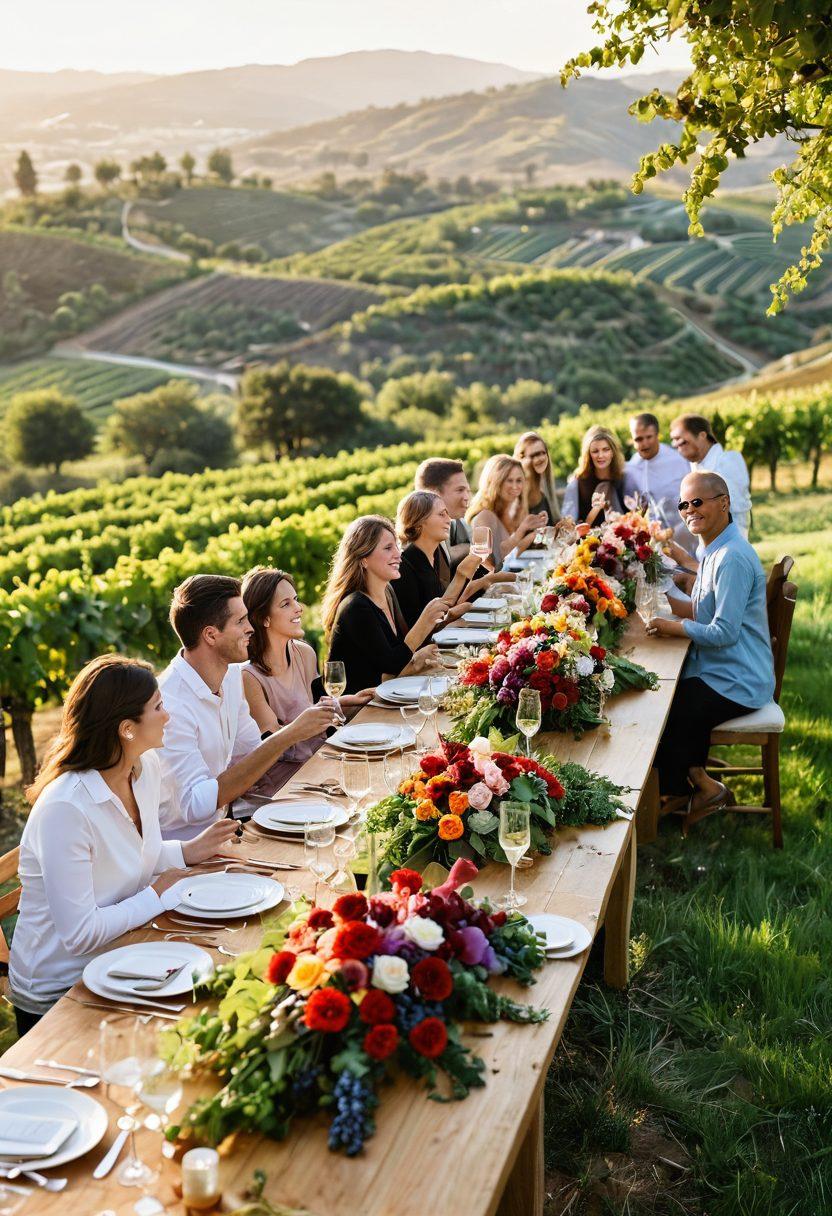 A picturesque vineyard during golden hour, with a long wooden table elegantly set for a wine tasting event, adorned with colorful flowers and glasses half-filled with rich, red and sparkling white wines. Joyful guests are clinking glasses and laughing, surrounded by lush grapevines and rolling hills in the background, capturing the essence of celebration and joy. super-realistic. vibrant colors. warm tones.