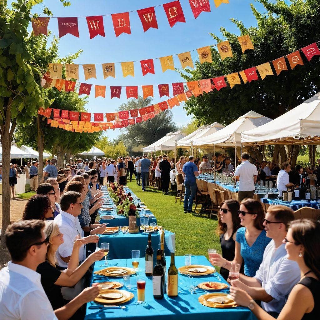 A vibrant outdoor scene of a lively wine festival featuring custom banners in rich wine hues displaying elegant typography. Tables adorned with unique wine accessories, such as personalized glass tags and decorative coasters, surrounded by enthusiastic guests holding glasses of wine. Lush vineyards in the background under a clear blue sky, with warm sunlight casting a golden glow over the festivities. super-realistic. vibrant colors. 3D.